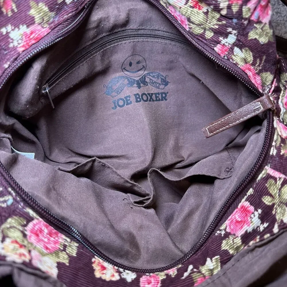 VTG Joe Boxer Shoulder Bag Brown Corduroy Floral Purse Maroon Faux Leather Y2K